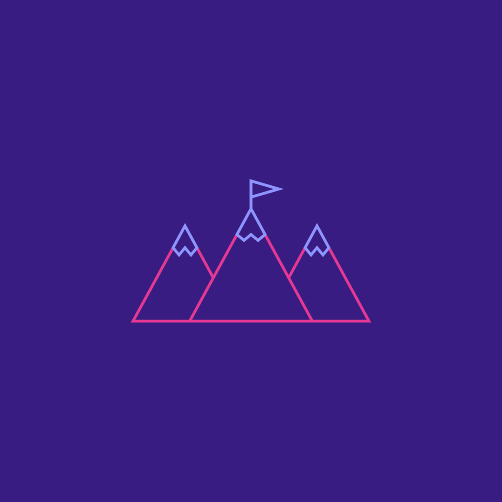 A graphic of three mountain peaks with a flag on the highest peak