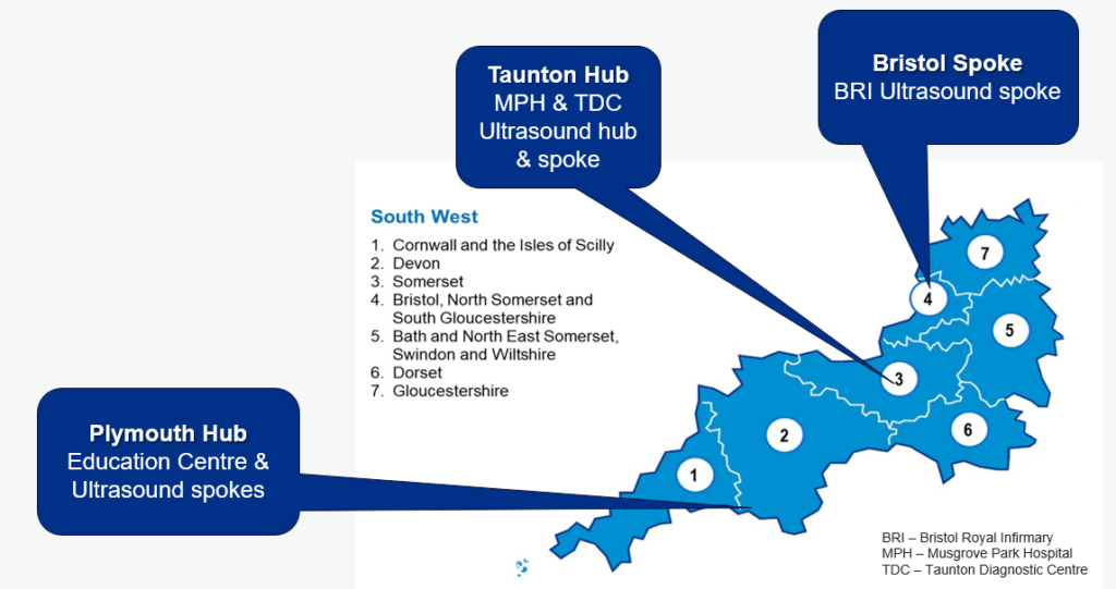 A map of the South West illustrating where the ultrasound hubs and spokes are located