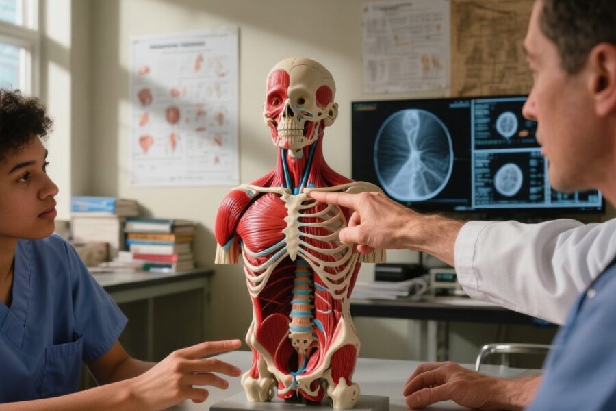 A student learning about anatomy using a model